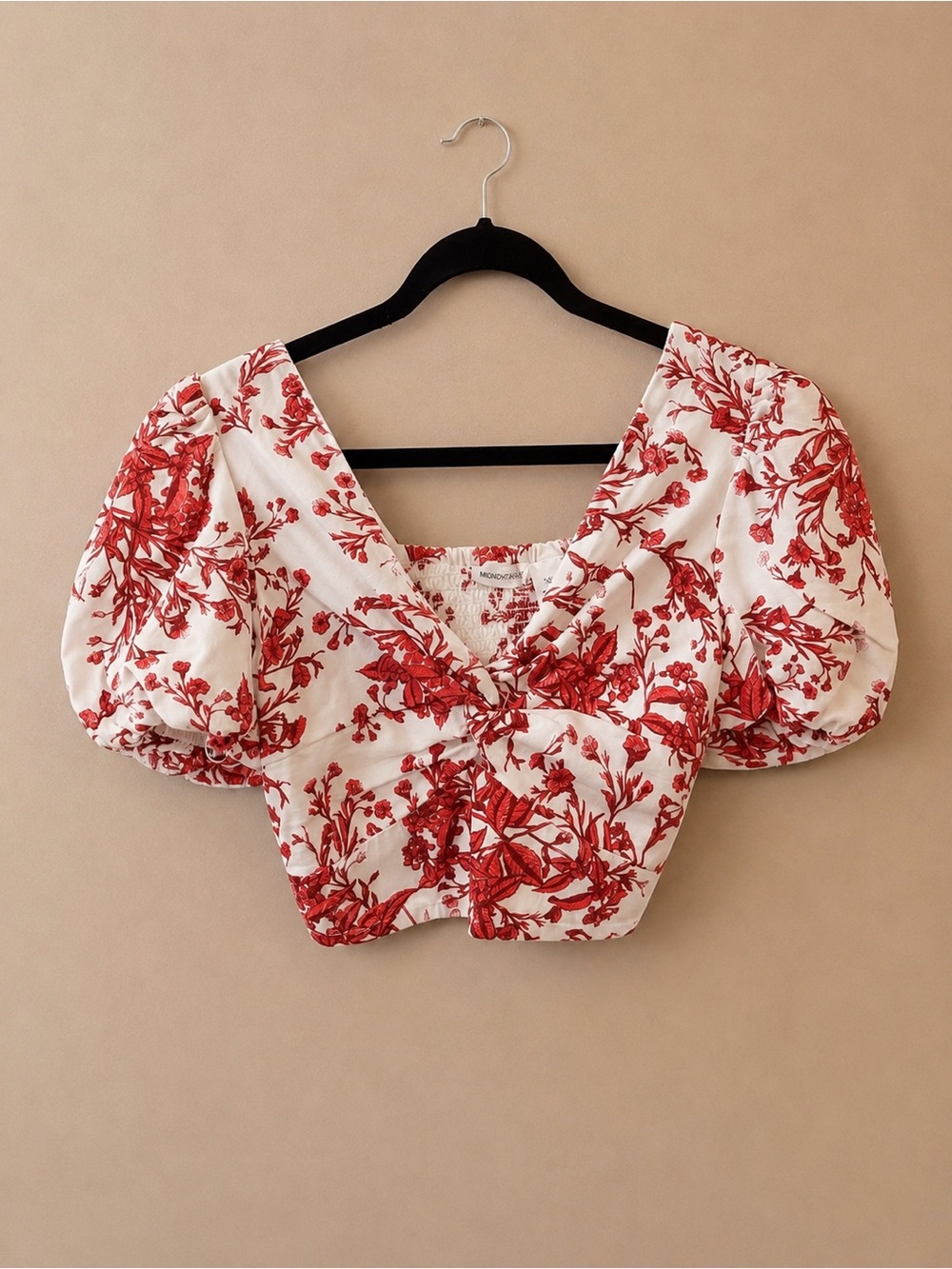 Red Floral Puff-Sleeve Cropped Top - Unbranded